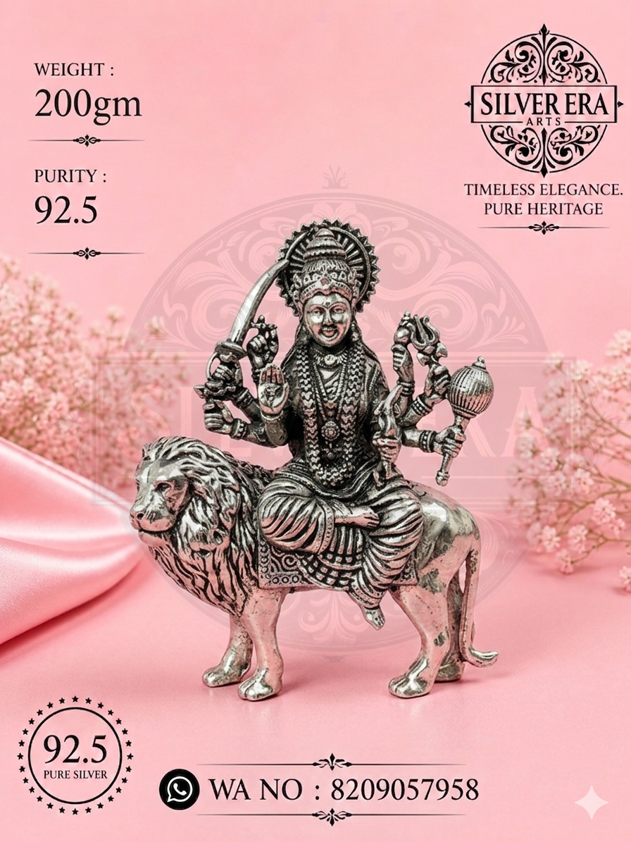 92.5 Silver Maa Durga Idol on Lion – Handcrafted Antique Finish (200 gm)