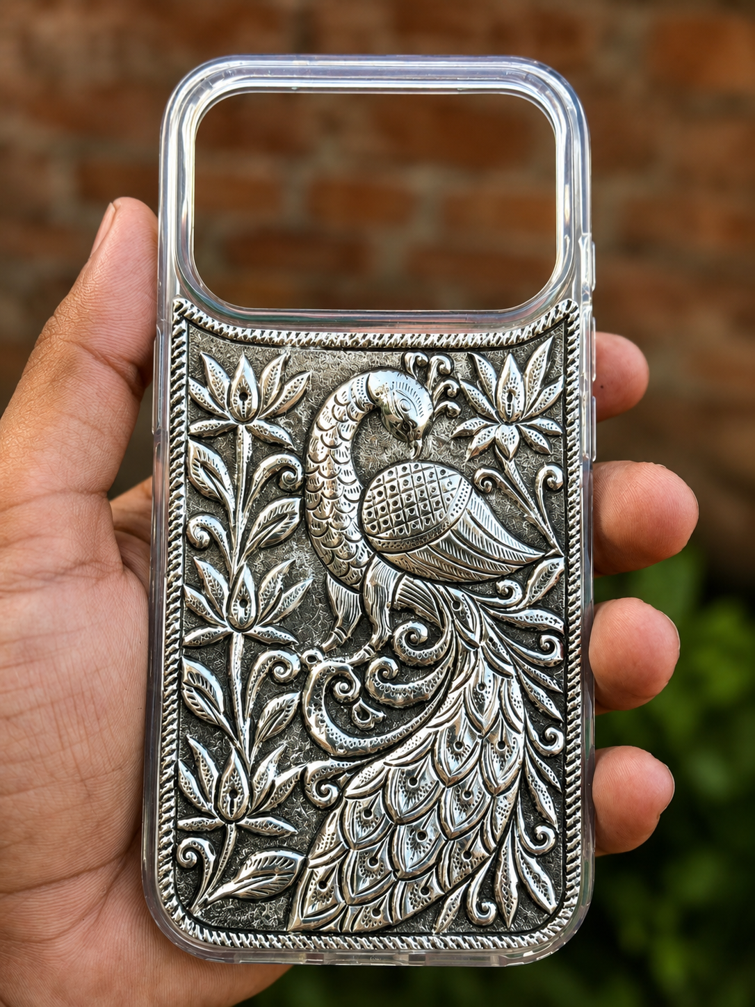 Handcrafted Peacock Silver Phone Cover